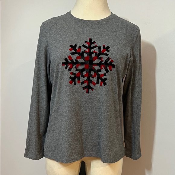 Christopher & Banks Tops - Buffalo Plaid Snowflake Long Sleeve Gray Top Red & Black Checkered Pattern